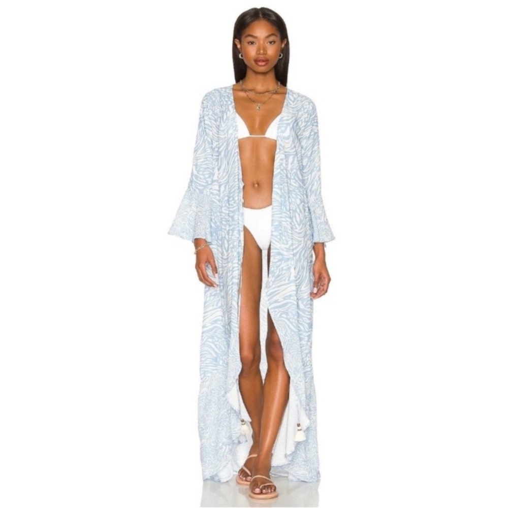 Maaji White Blue Animal Tiger Print Long Sleeve Maxi Kimono Dress Coverup - Picture 10 of 14
